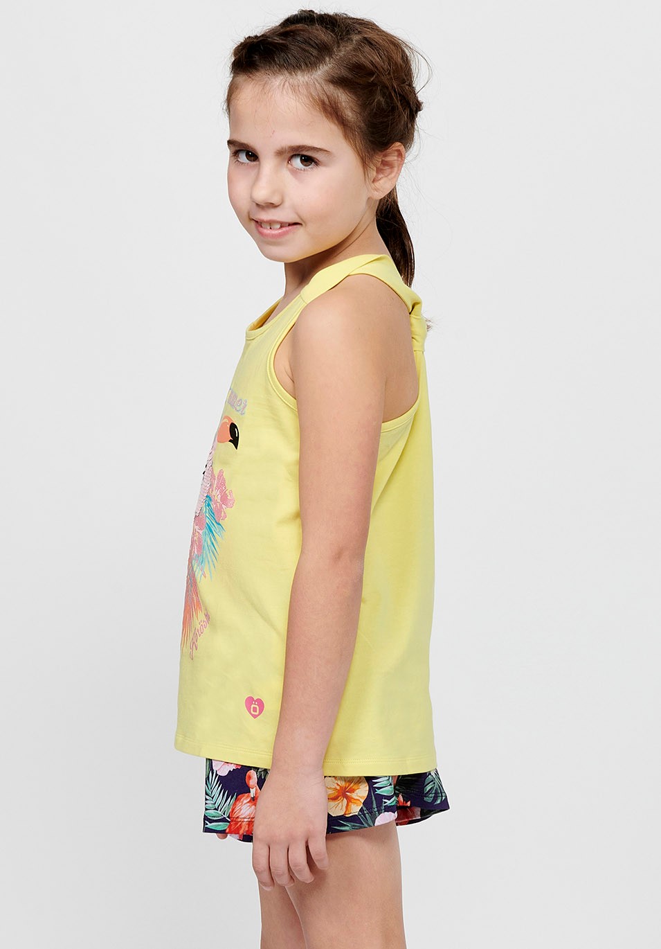 Camiseta de tirantes Top con Detalle en la espalda y Cuello redondo con Estampado delantero de Color Amarillo para Niña 1