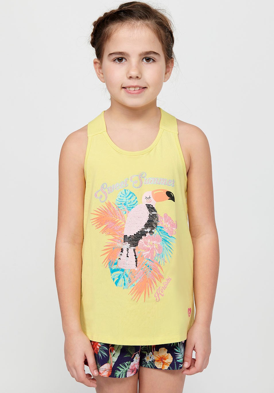 Camiseta de tirantes Top con Detalle en la espalda y Cuello redondo con Estampado delantero de Color Amarillo para Niña 4