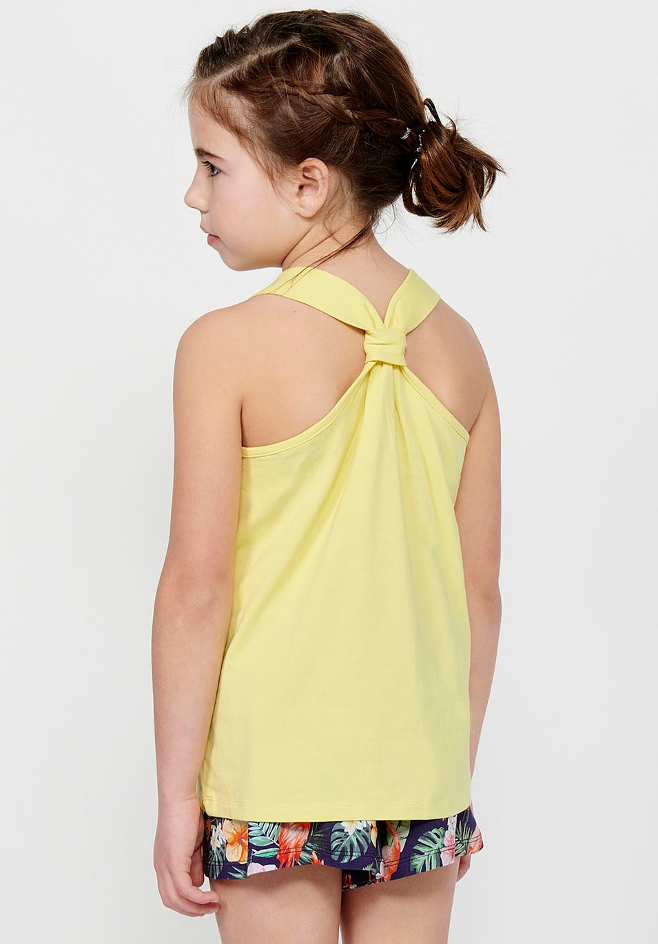 Camiseta de tirantes Top con Detalle en la espalda y Cuello redondo con Estampado delantero de Color Amarillo para Niña 5