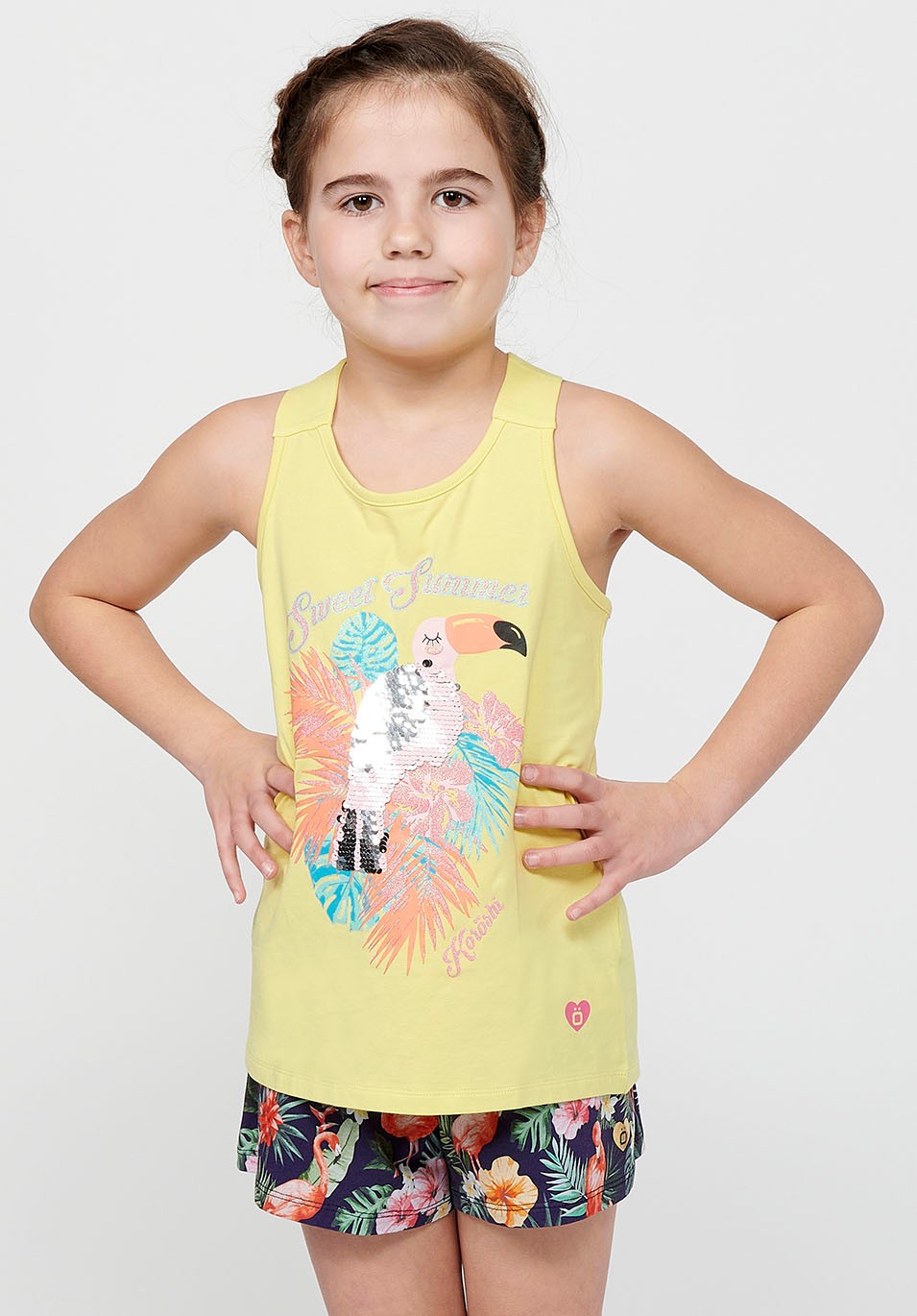 Camiseta de tirantes Top con Detalle en la espalda y Cuello redondo con Estampado delantero de Color Amarillo para Niña 6