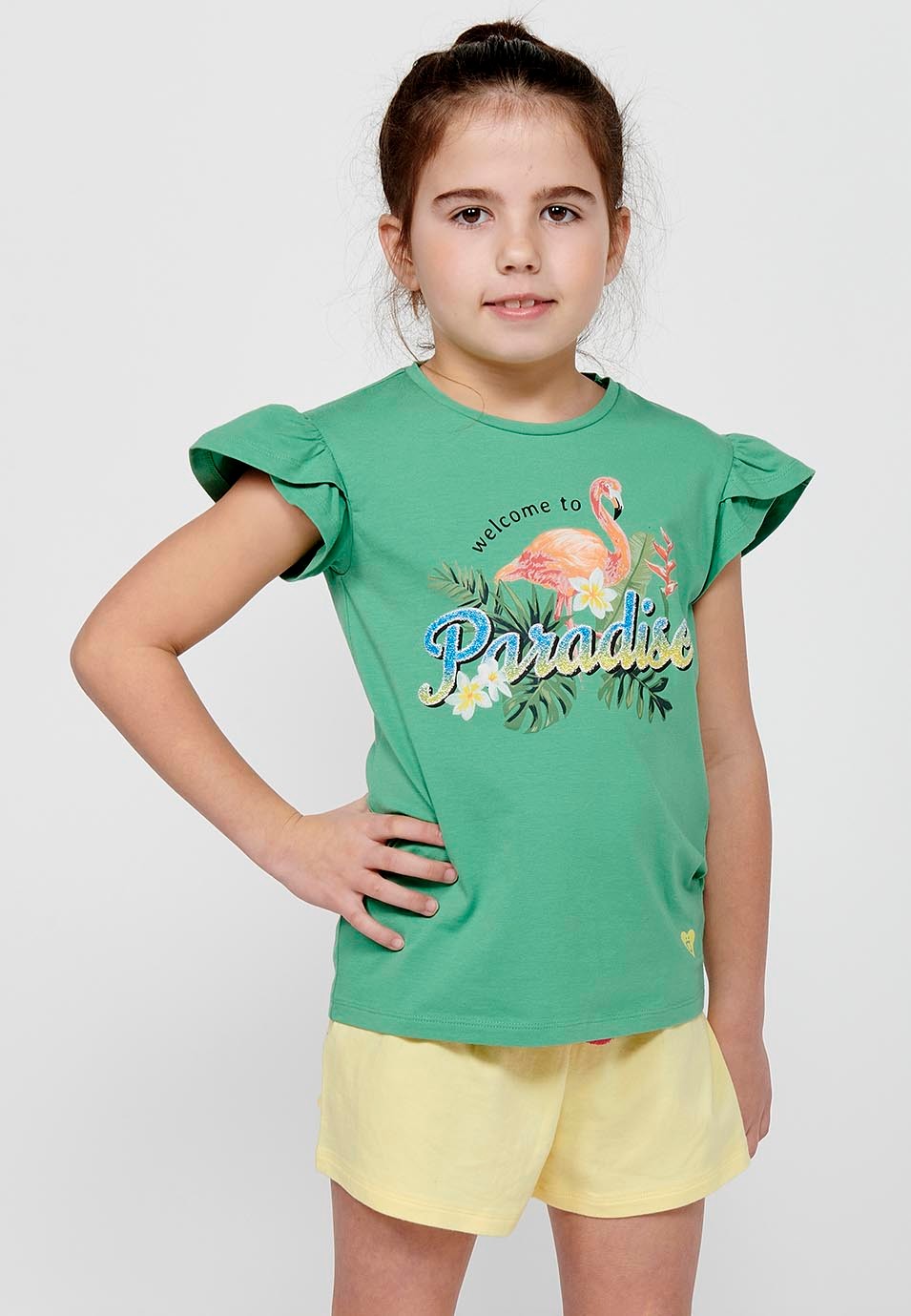 Girl's Round Neck Top with Double Ruffle Short Sleeve and Green Front Print