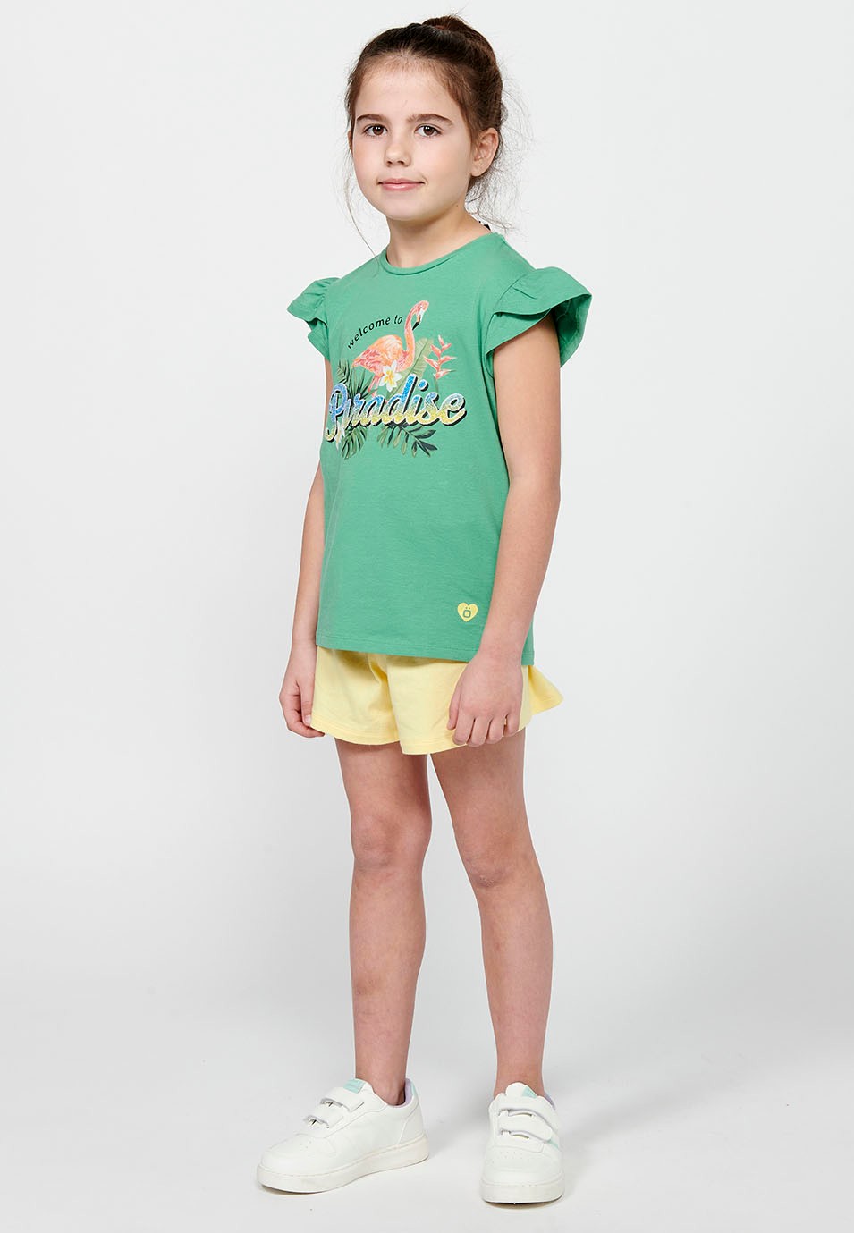 Girl's Round Neck Top with Double Ruffle Short Sleeve and Green Front Print