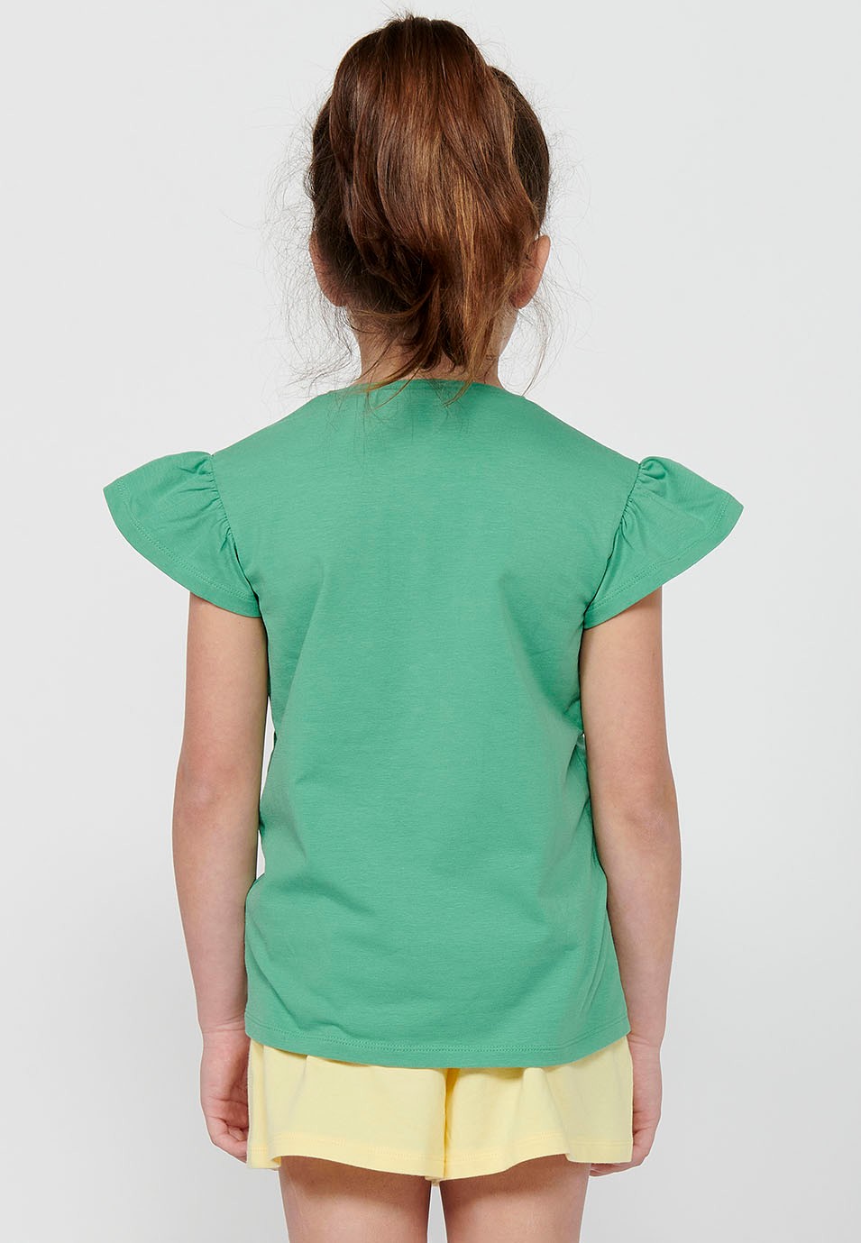 Girl's Round Neck Top with Double Ruffle Short Sleeve and Green Front Print