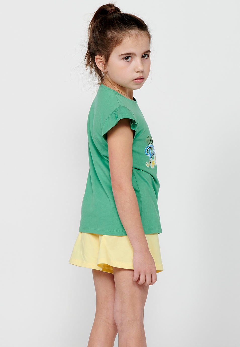 Girl's Round Neck Top with Double Ruffle Short Sleeve and Green Front Print