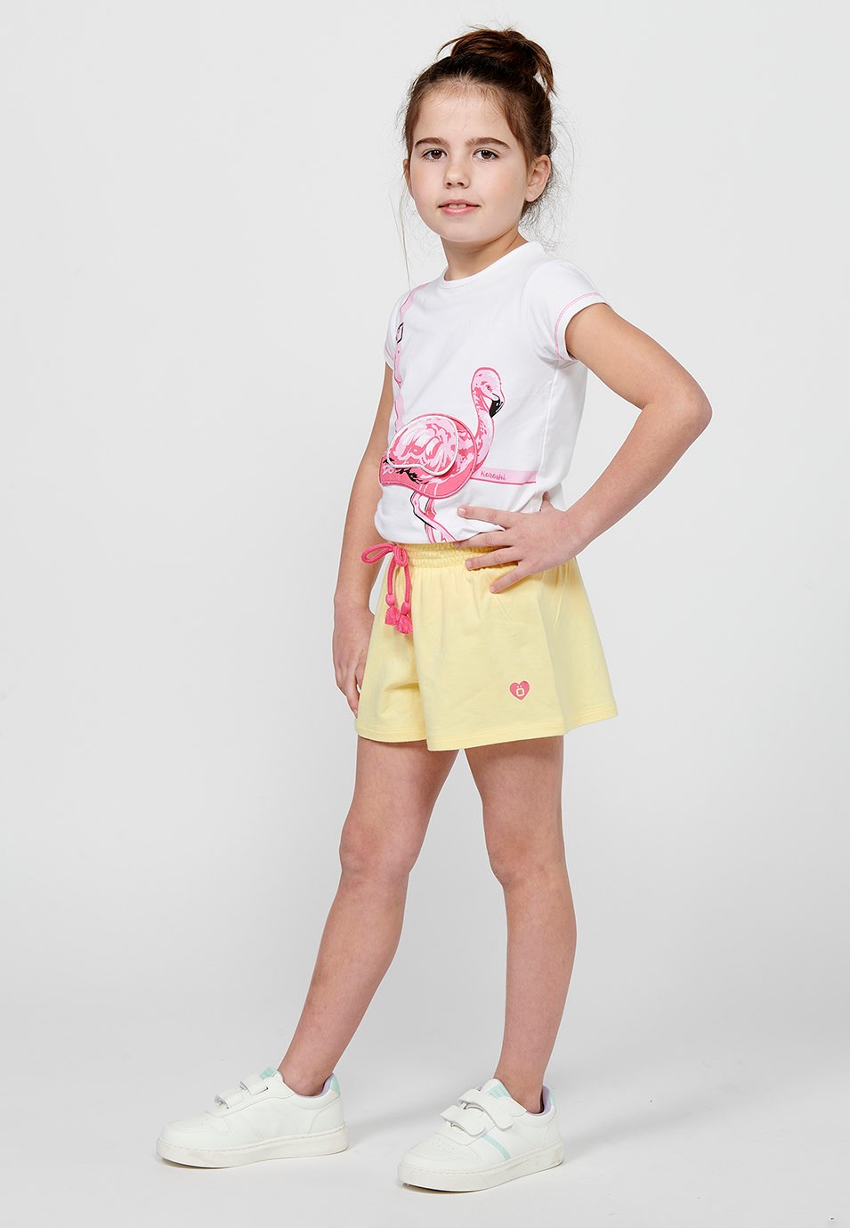 Samarreta de màniga curta Top amb coll rodó i Detall estampat davanter amb butxaca amagada de Color Blanc per a Nena