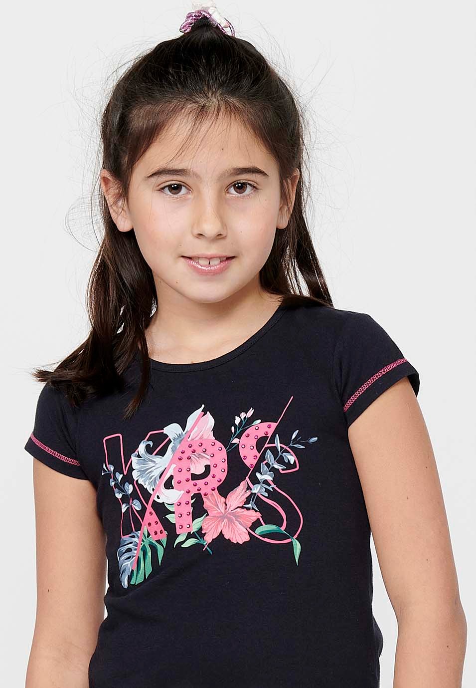 Camiseta de manga corta Top y cuello redondo con Estampado delantero de Color Navy para Niña 6