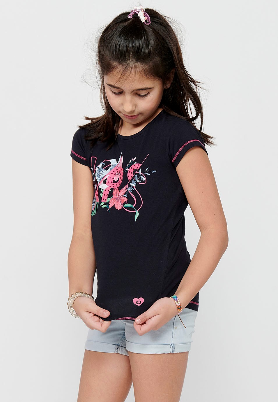 Camiseta de manga corta Top y cuello redondo con Estampado delantero de Color Navy para Niña 2