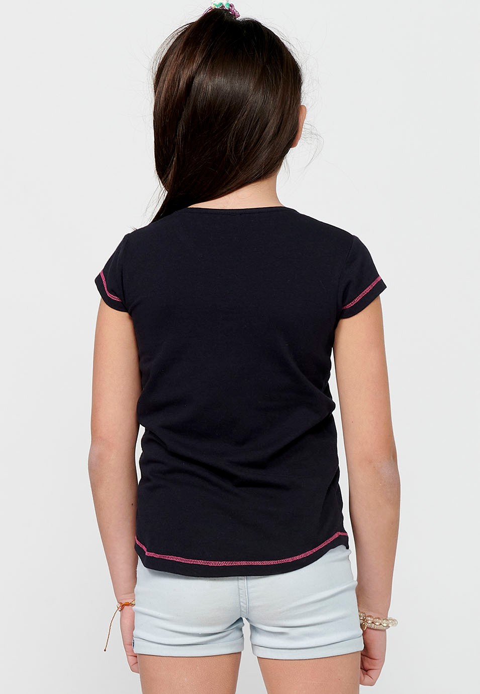 Camiseta de manga corta Top y cuello redondo con Estampado delantero de Color Navy para Niña 4
