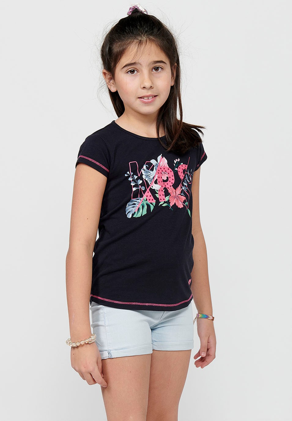 Camiseta de manga corta Top y cuello redondo con Estampado delantero de Color Navy para Niña 1