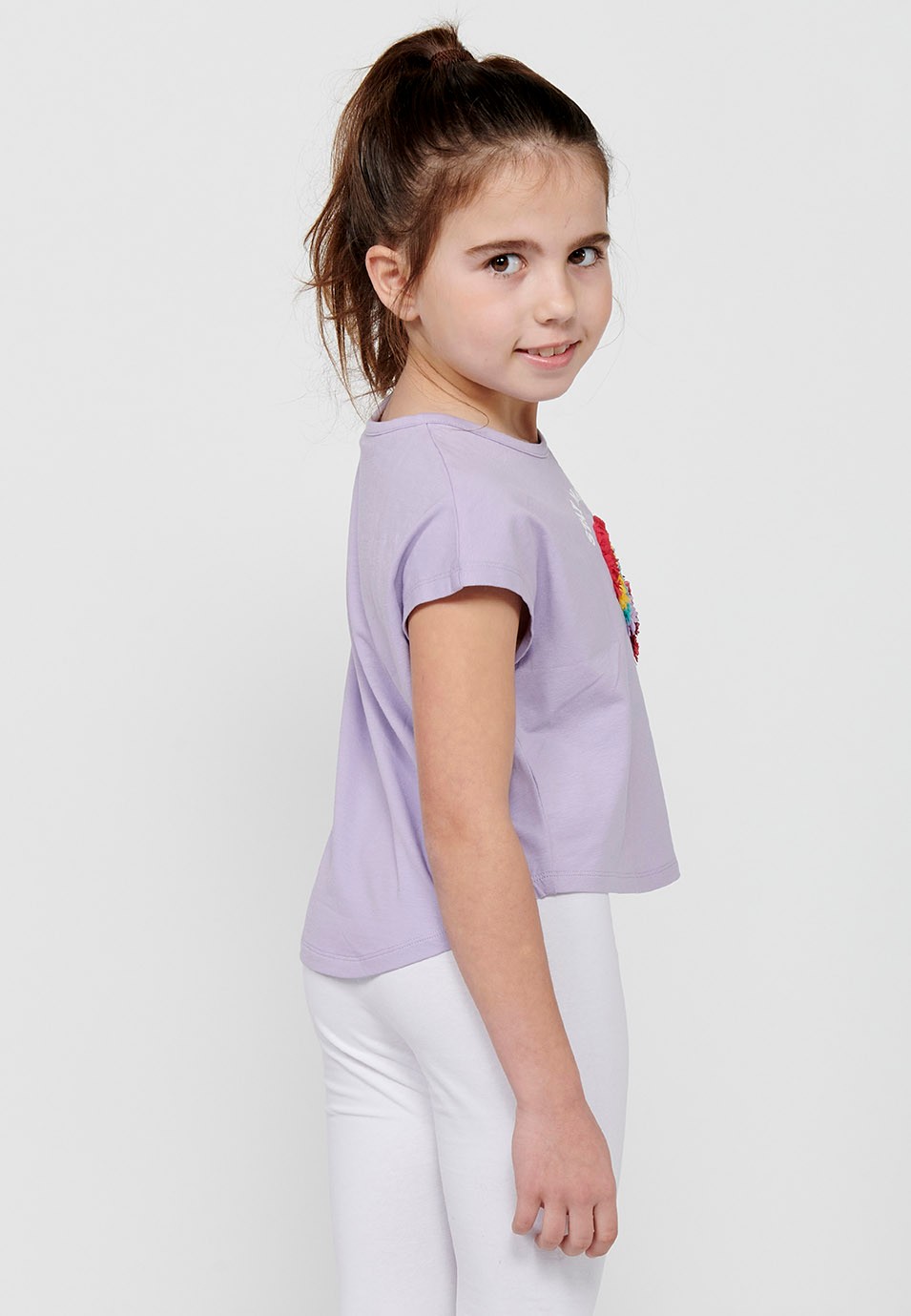Camiseta de manga corta con Cuello redondo y Estampado delantero con relieve de Color Lila para Niña