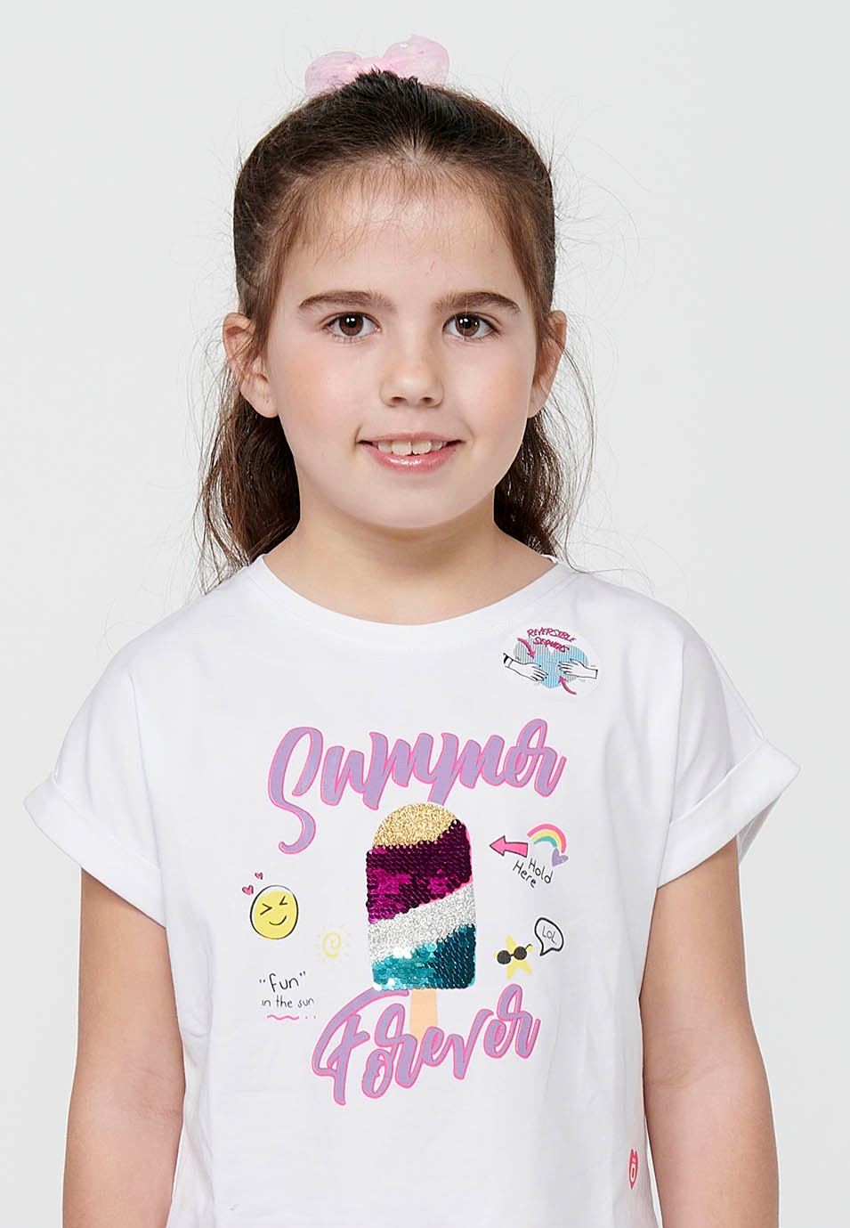 Camiseta de manga corta Top de Cuello redondo con Estampado delantero reversible de Color Blanco para Niña