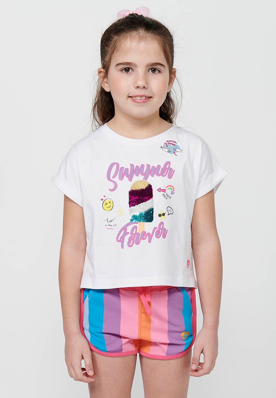 Camiseta de manga corta Top de Cuello redondo con Estampado delantero reversible de Color Blanco para Niña 3