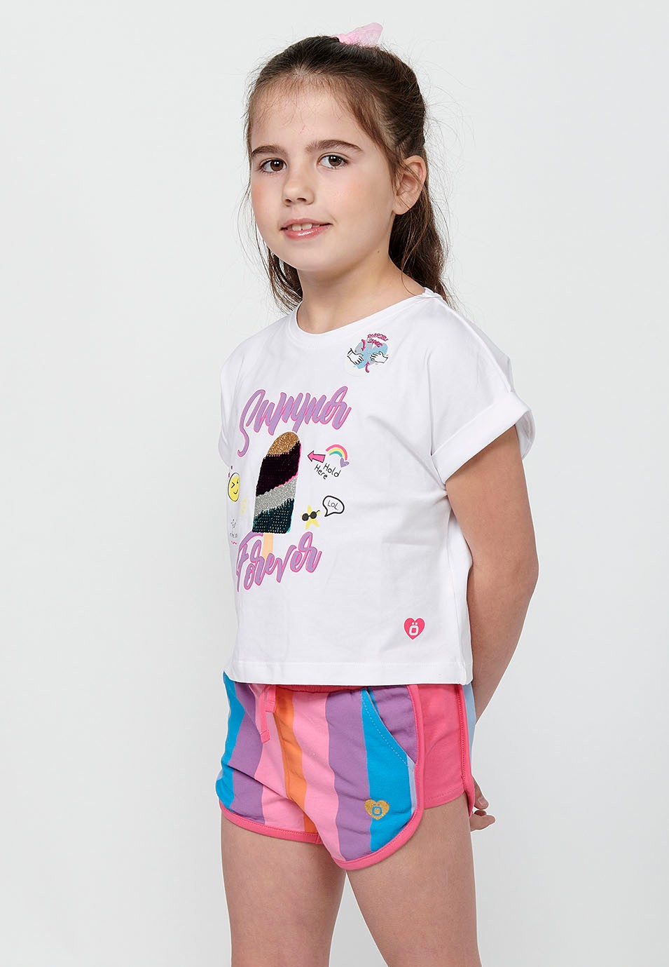 Camiseta de manga corta Top de Cuello redondo con Estampado delantero reversible de Color Blanco para Niña 2