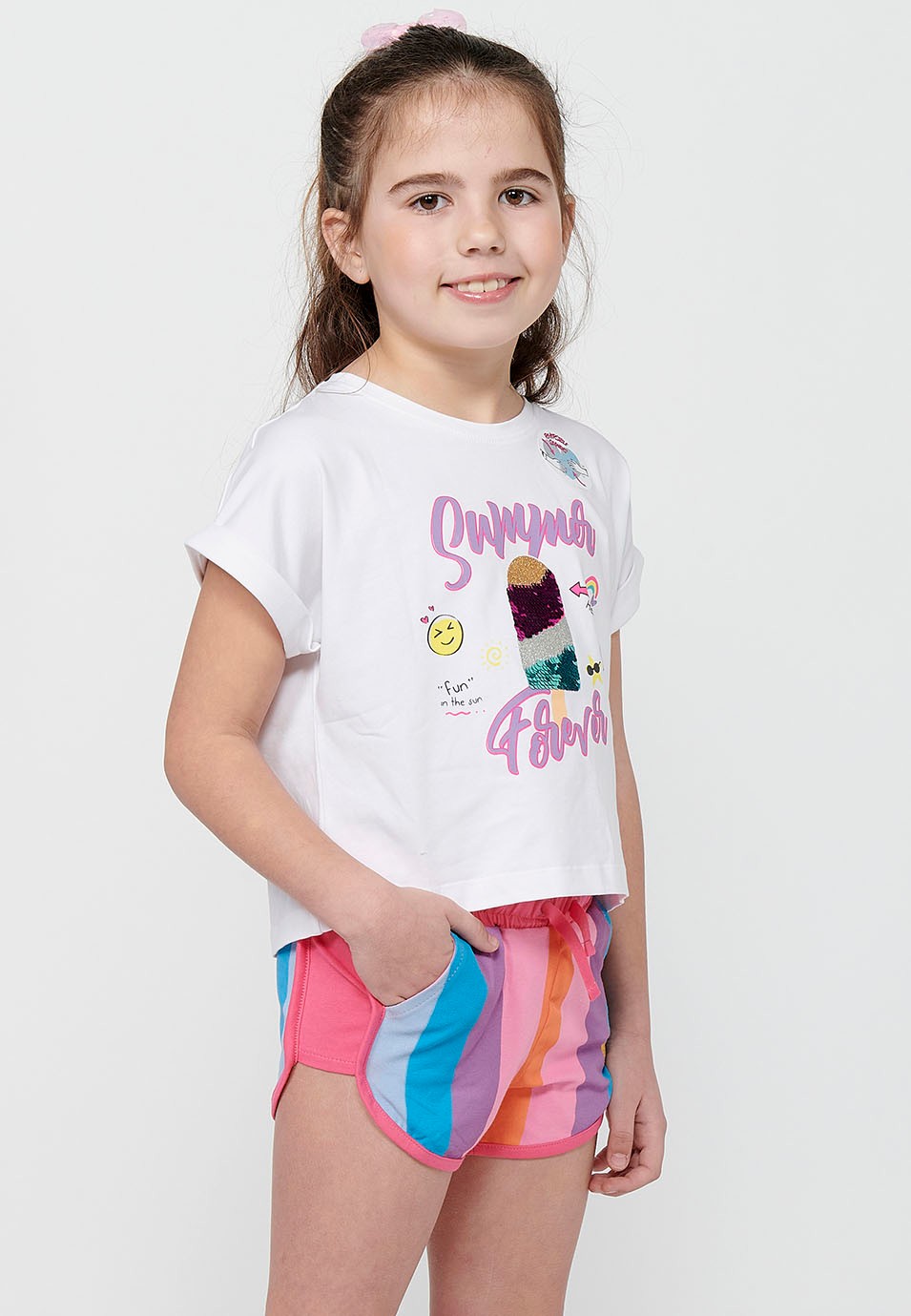 Camiseta de manga corta Top de Cuello redondo con Estampado delantero reversible de Color Blanco para Niña 5