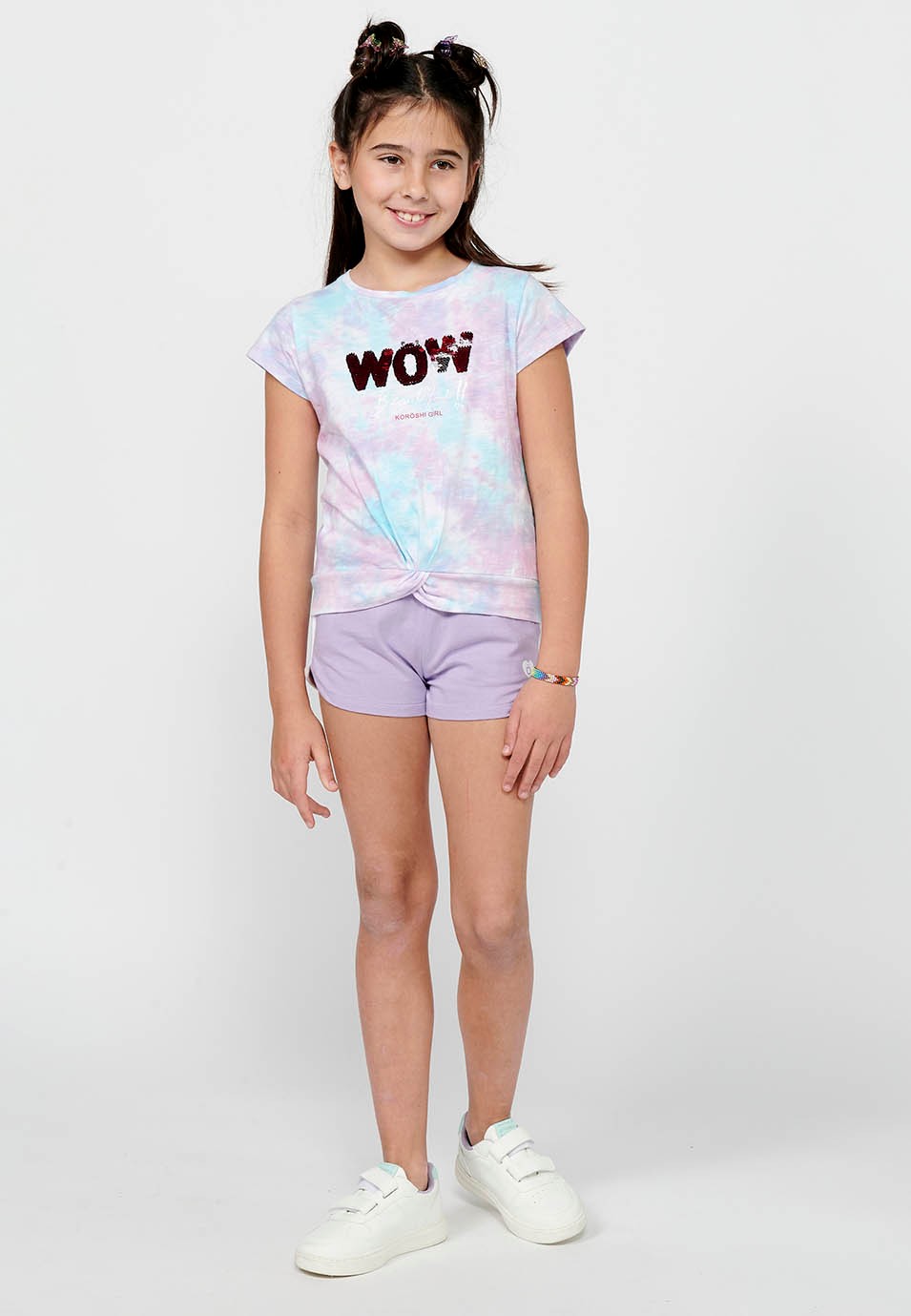Camiseta de manga corta Top de Algodón con Cuello redondo y Estampado delantero con un Acabado en nudo delantero de Color Lila para Niña