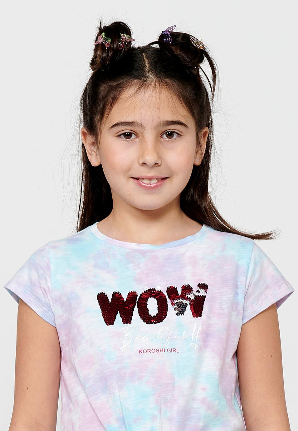 Camiseta de manga corta Top de Algodón con Cuello redondo y Estampado delantero con un Acabado en nudo delantero de Color Lila para Niña 7