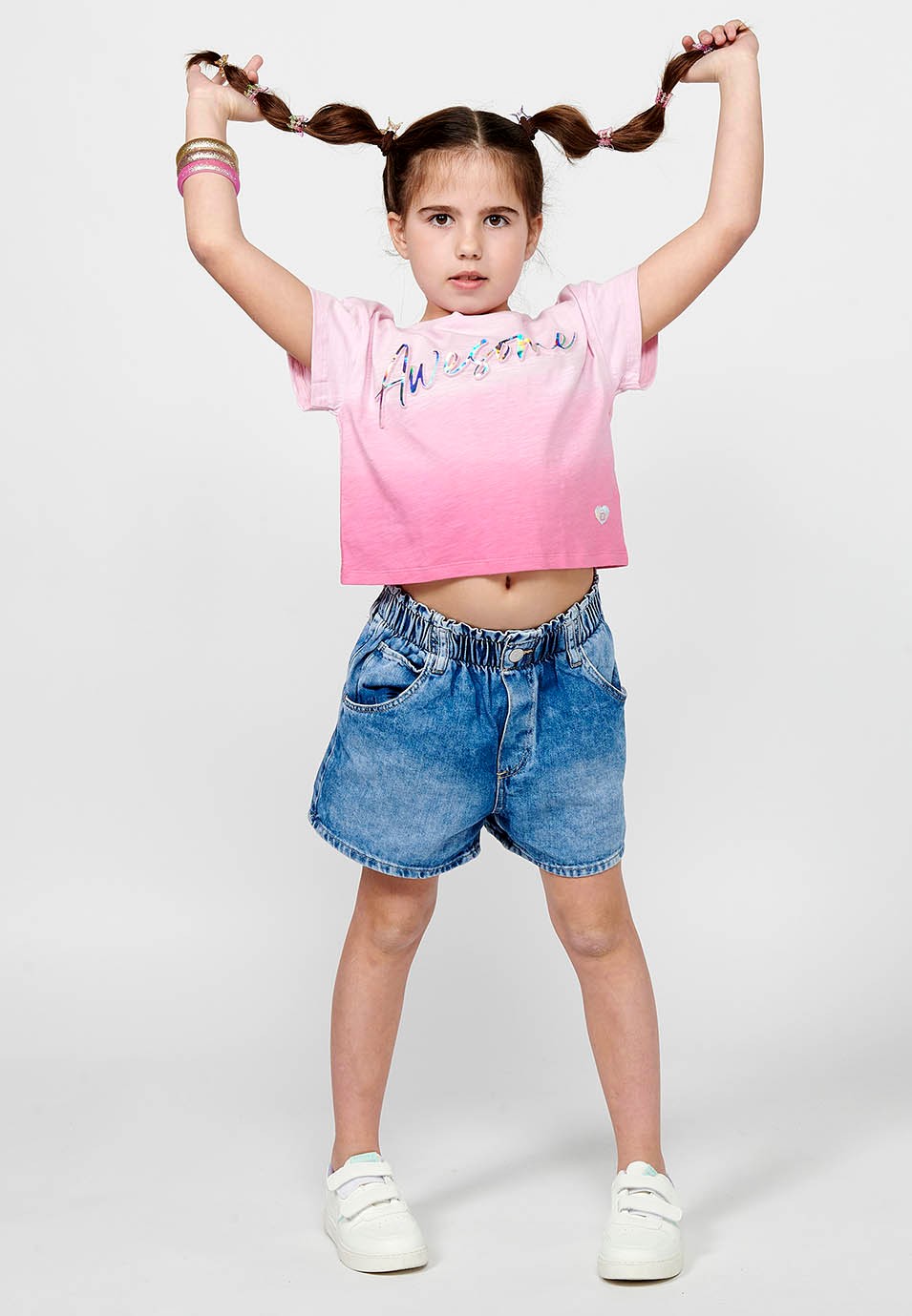 Camiseta de manga corta Top de Algodón con Cuello redondo y Letras delanteras con volumen de Color Rosa para Niña