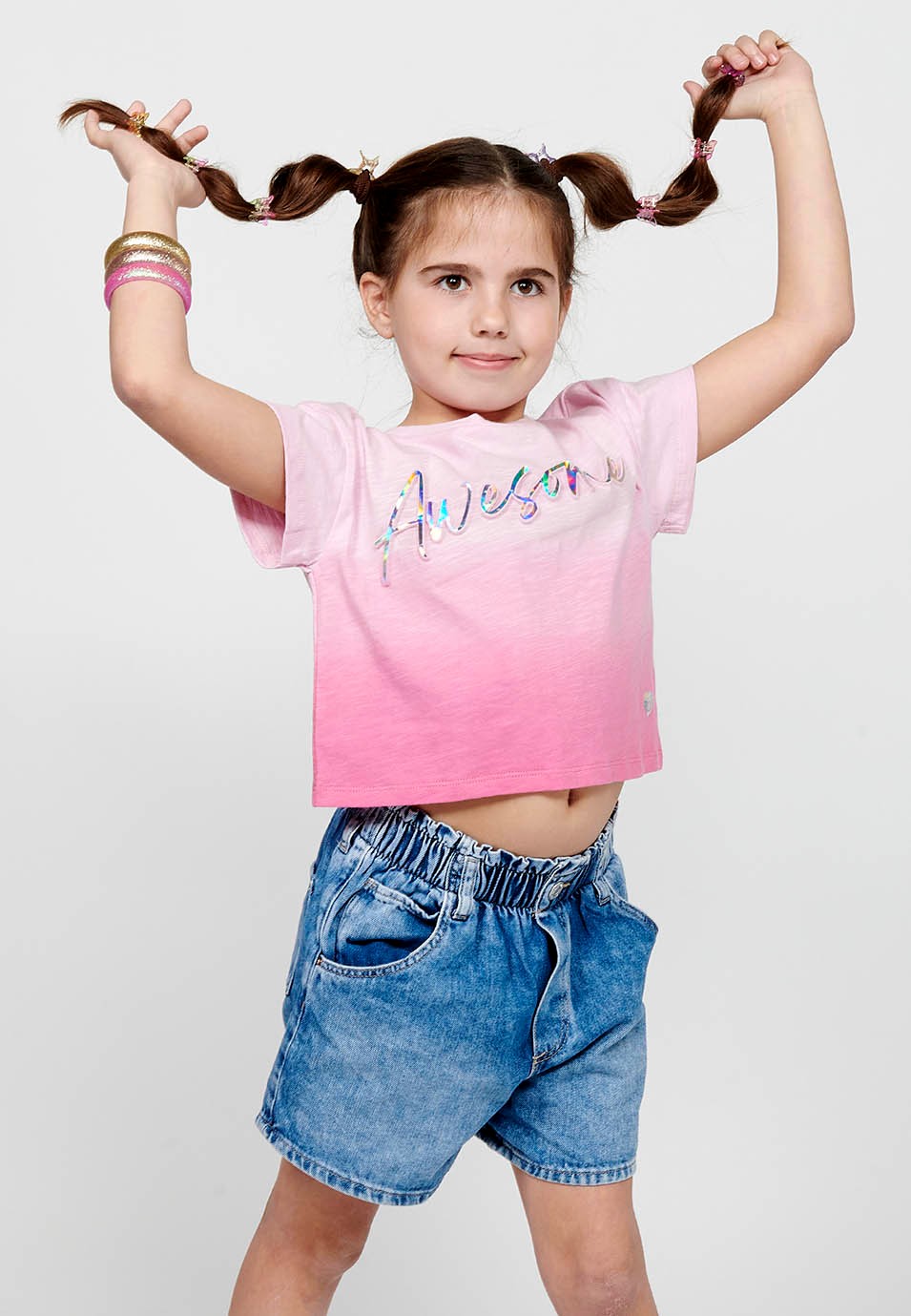Short-sleeved T-shirt Cotton Top with Round Neck and Front Letters with Pink Volume for Girls 5