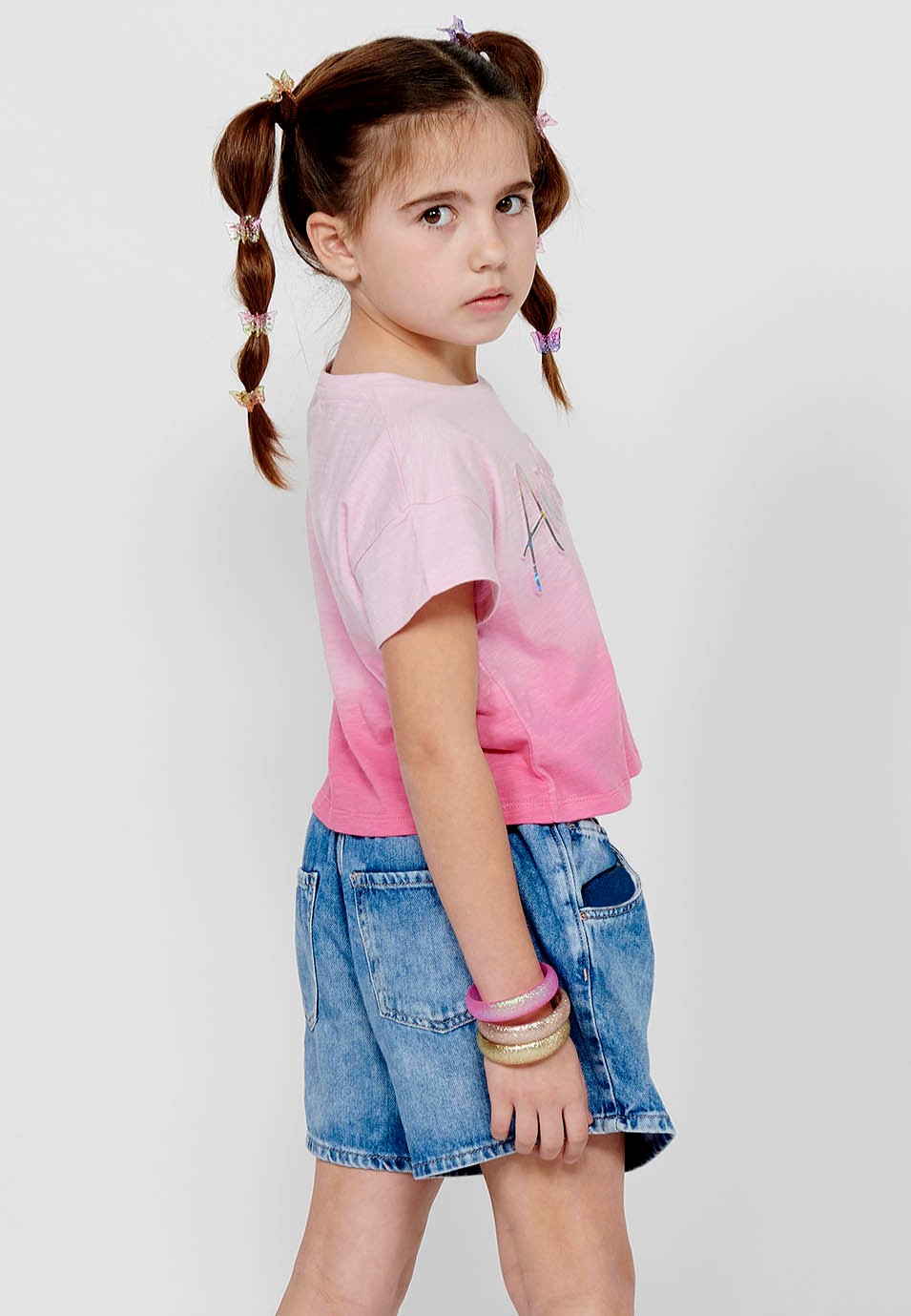 Short-sleeved T-shirt Cotton Top with Round Neck and Front Letters with Pink Volume for Girls 6