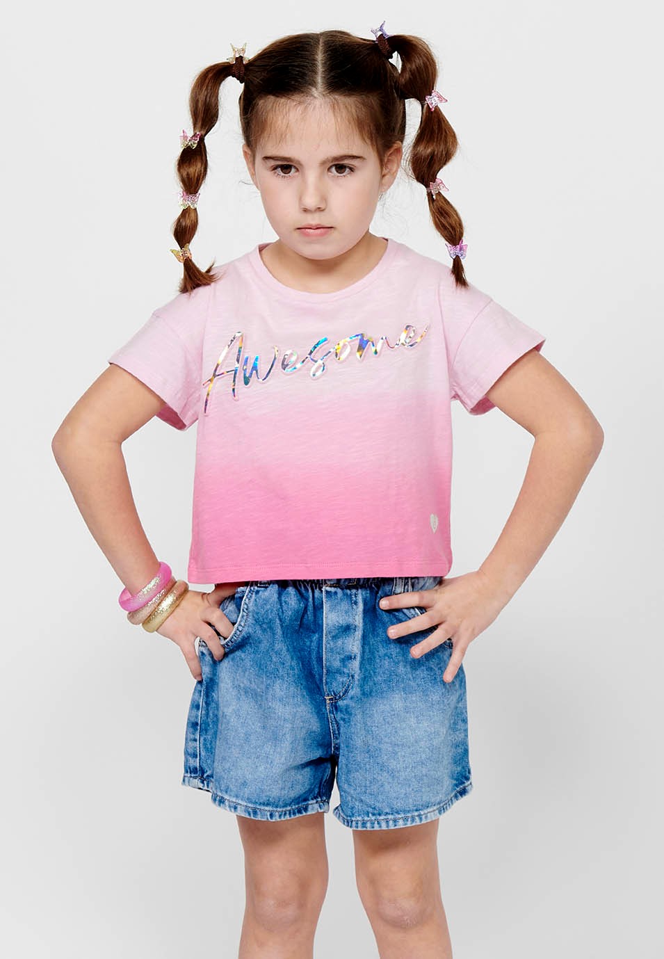 Short-sleeved T-shirt Cotton Top with Round Neck and Front Letters with Pink Volume for Girls 2