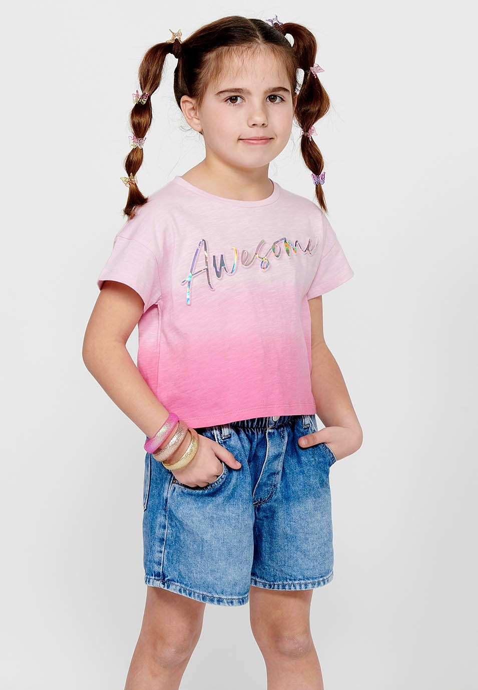 Short-sleeved T-shirt Cotton Top with Round Neck and Front Letters with Pink Volume for Girls 3