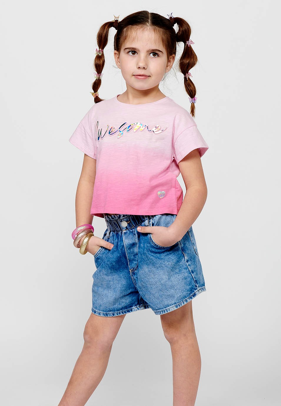 Short-sleeved T-shirt Cotton Top with Round Neck and Front Letters with Pink Volume for Girls 1