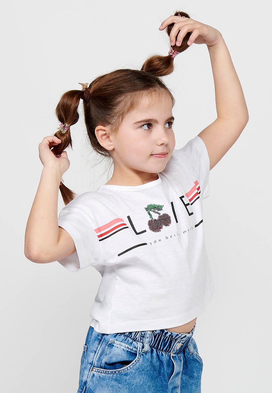 Camiseta de manga corta Top de Cuello redondo con Estampado delantero Color Blanco para Niña