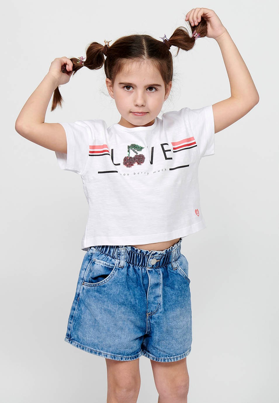 Camiseta de manga corta Top de Cuello redondo con Estampado delantero Color Blanco para Niña