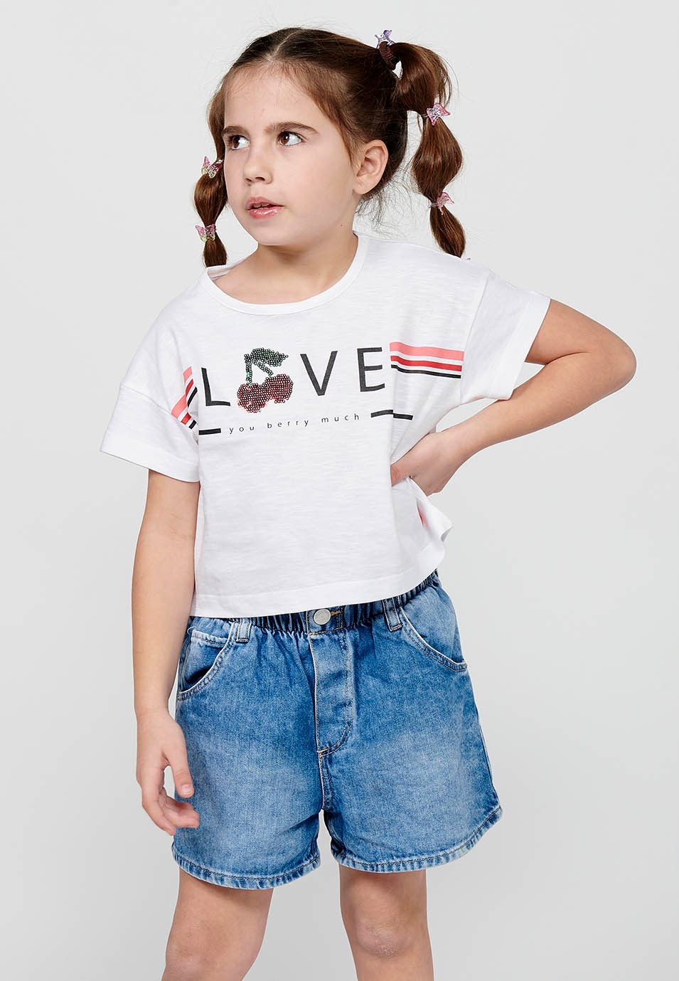 Camiseta de manga corta Top de Cuello redondo con Estampado delantero Color Blanco para Niña