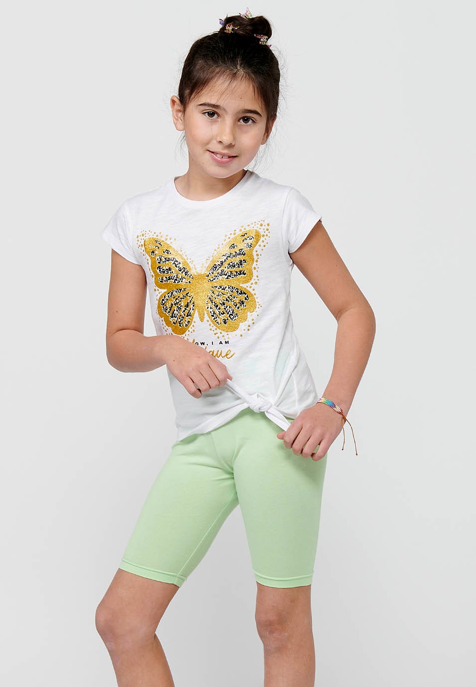 Short-sleeved T-shirt Round Neck Cotton Top with Front Print and White Front Detail for Girls 7