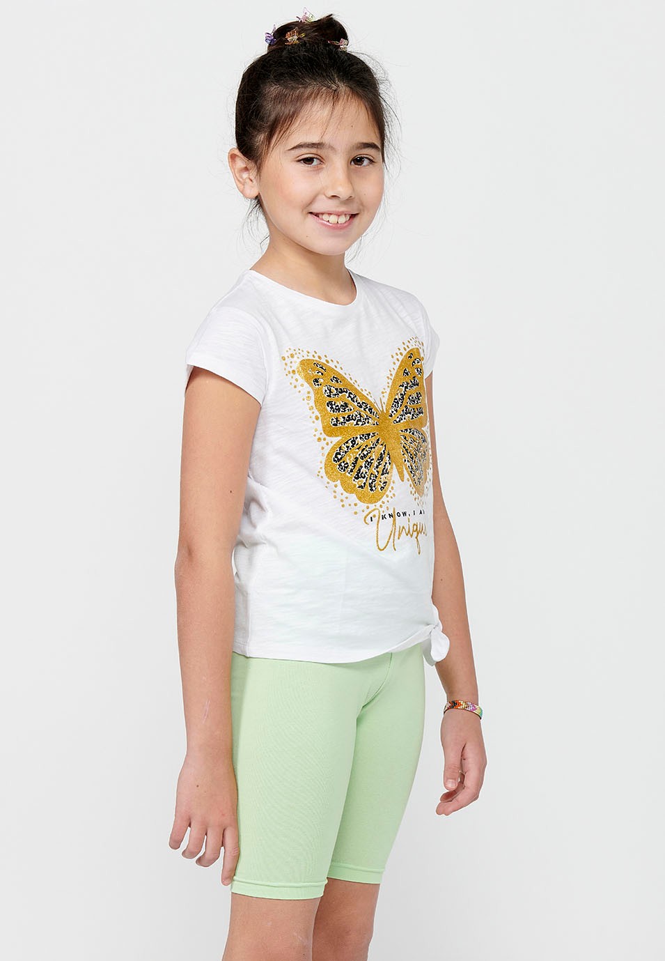 Short-sleeved T-shirt Round Neck Cotton Top with Front Print and White Front Detail for Girls 5
