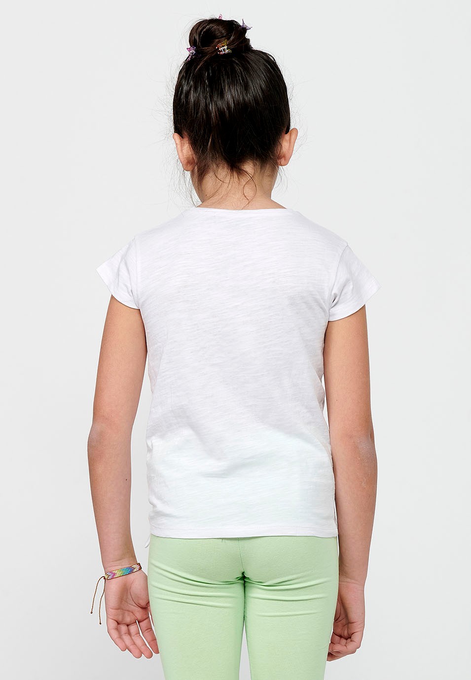 Short-sleeved T-shirt Round Neck Cotton Top with Front Print and White Front Detail for Girls 6