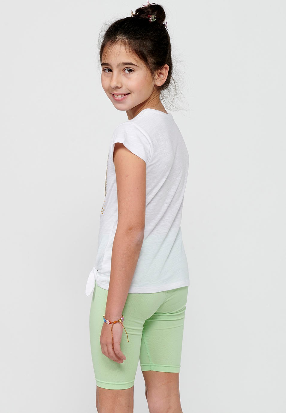 Short-sleeved T-shirt Round Neck Cotton Top with Front Print and White Front Detail for Girls 4