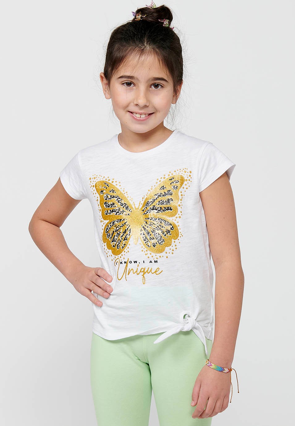 Short-sleeved T-shirt Round Neck Cotton Top with Front Print and White Front Detail for Girls 2