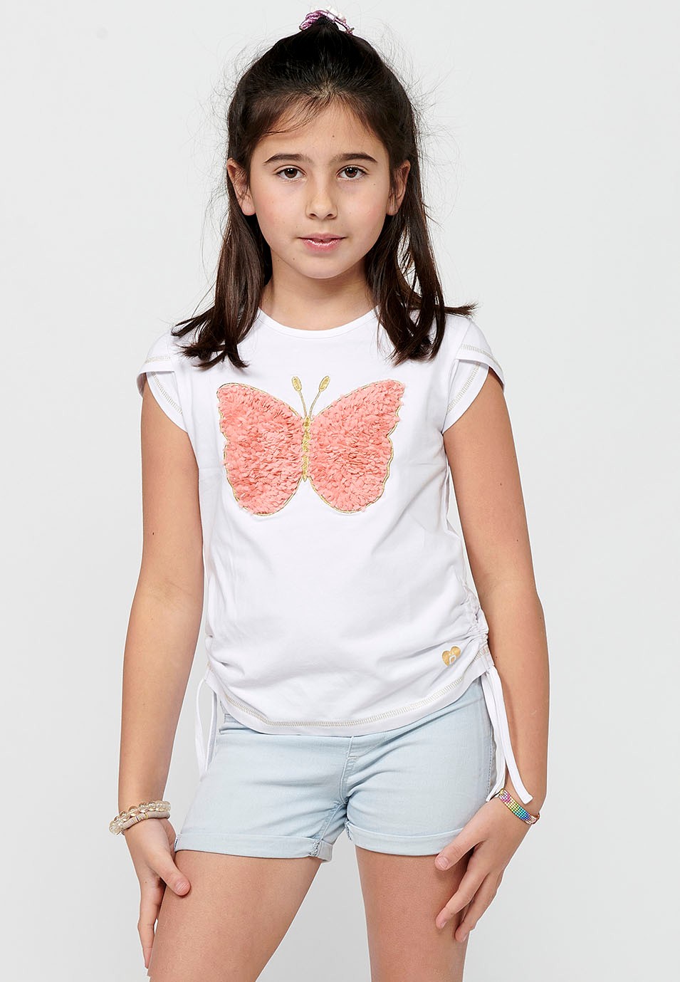 Short-sleeved T-shirt Round Neck Top with Front Print and White Side Details for Girls