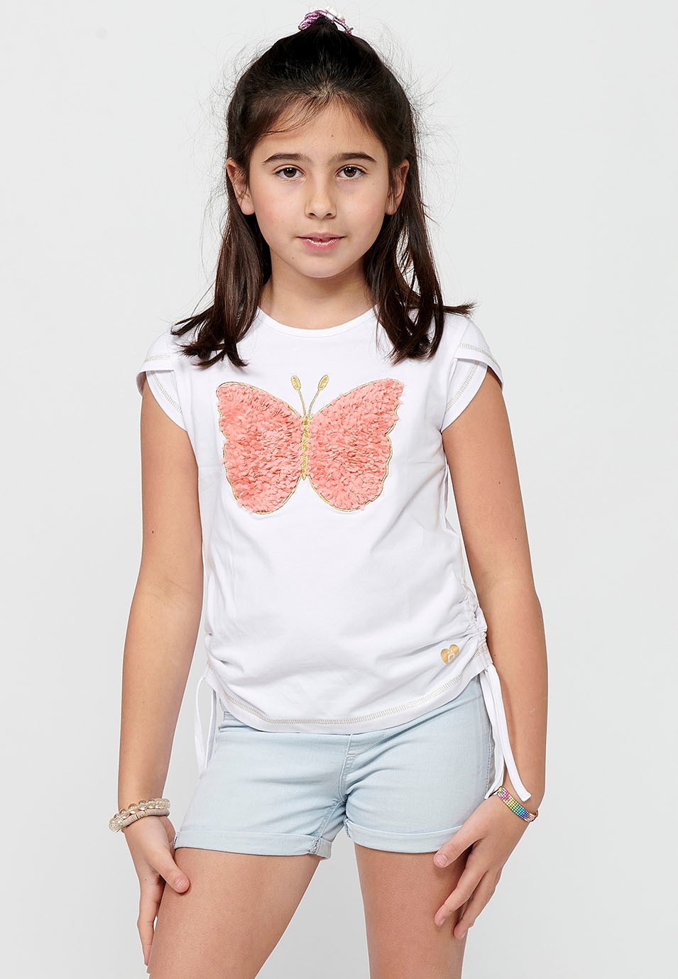 Camiseta de manga corta Top de Cuello redondo con Estampado delantero y Detalles laterales de Color Blanco para Niña