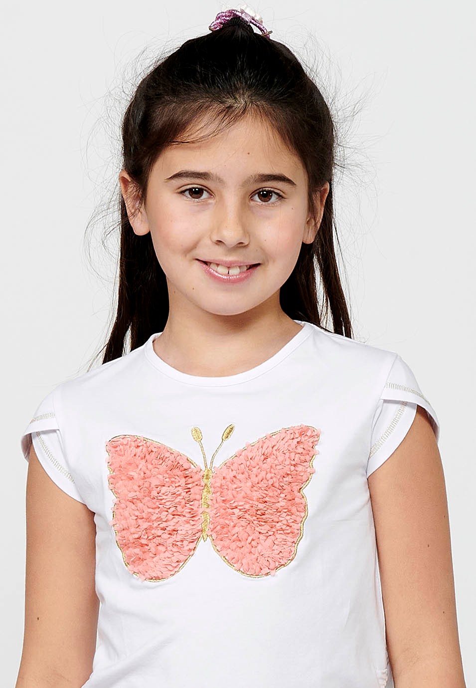 Camiseta de manga corta Top de Cuello redondo con Estampado delantero y Detalles laterales de Color Blanco para Niña 3