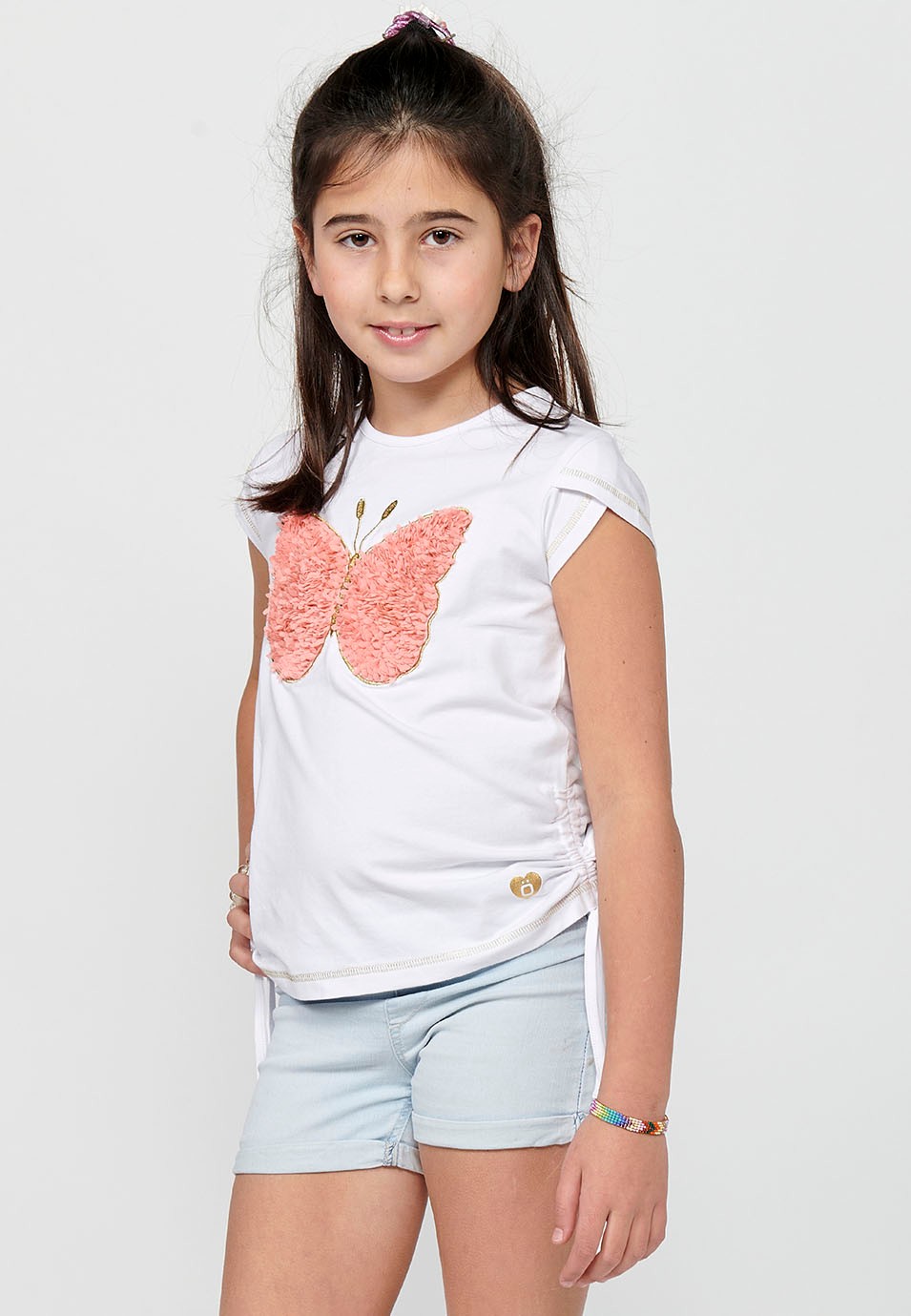 Short-sleeved T-shirt Round Neck Top with Front Print and White Side Details for Girls 9