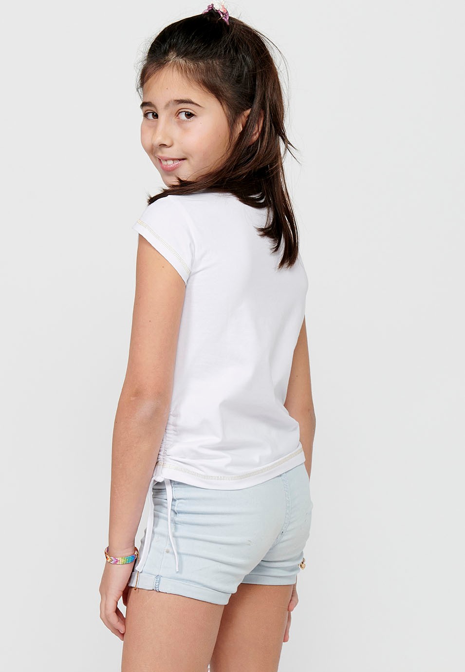 Camiseta de manga corta Top de Cuello redondo con Estampado delantero y Detalles laterales de Color Blanco para Niña 7