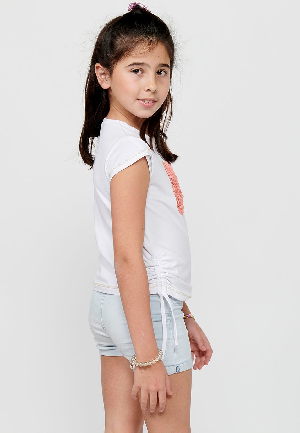 Short-sleeved T-shirt Round Neck Top with Front Print and White Side Details for Girls 8