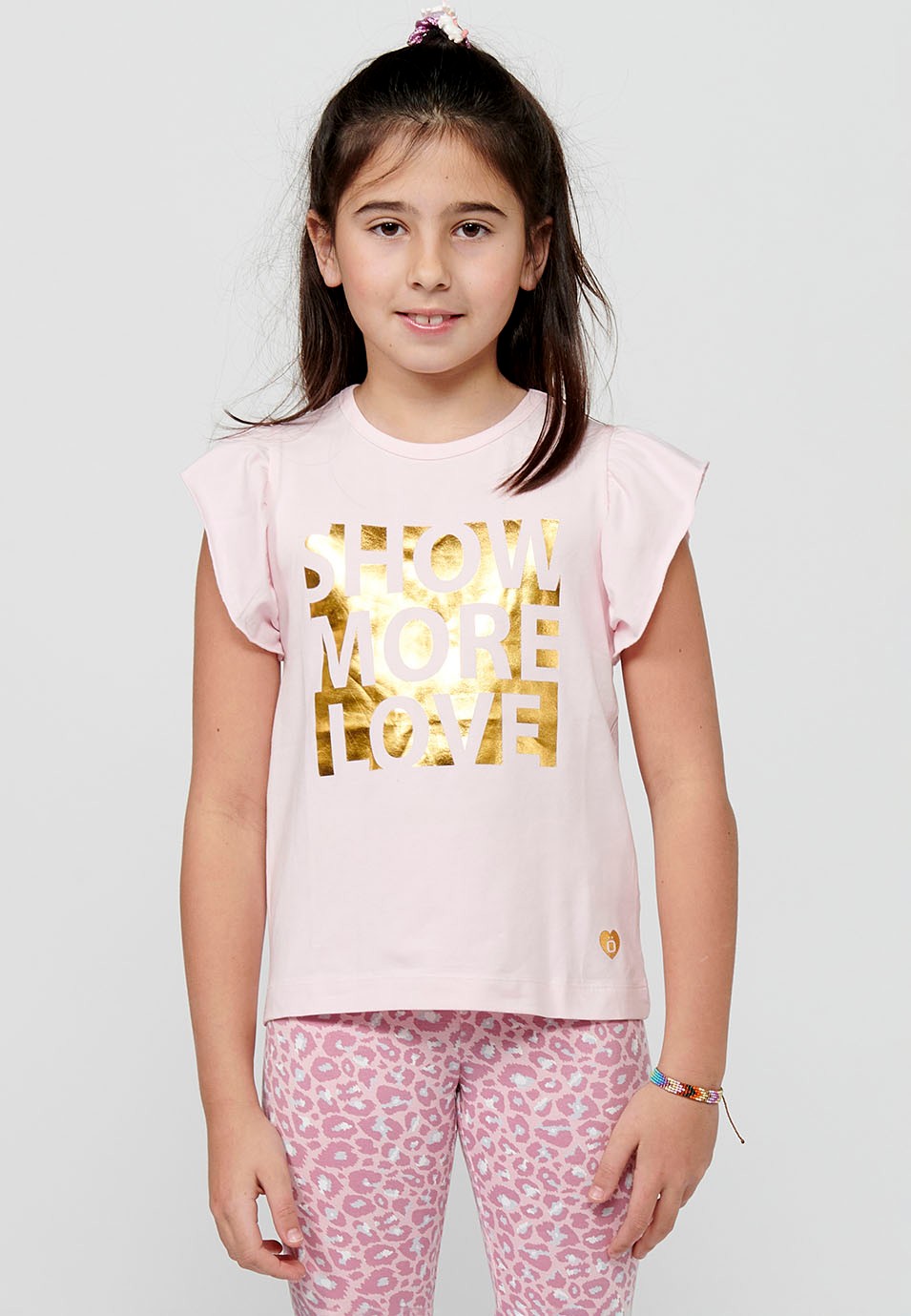 Camiseta de manga corta Top con volantes y Cuello redondo con Estampado delantero Color Rosa para Niña 5