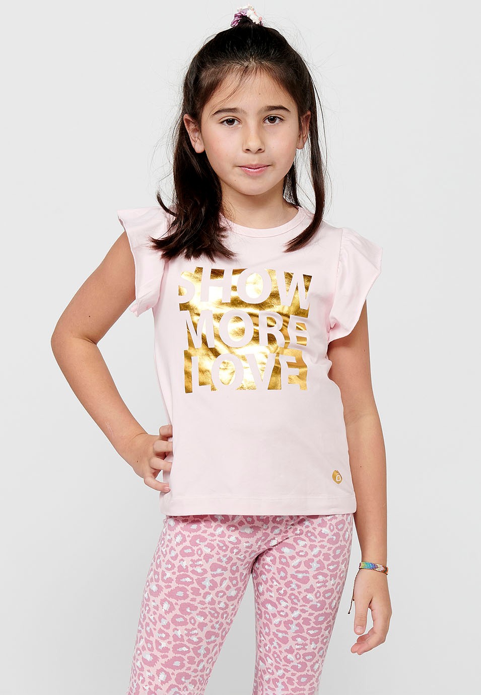 Camiseta de manga corta Top con volantes y Cuello redondo con Estampado delantero Color Rosa para Niña 7