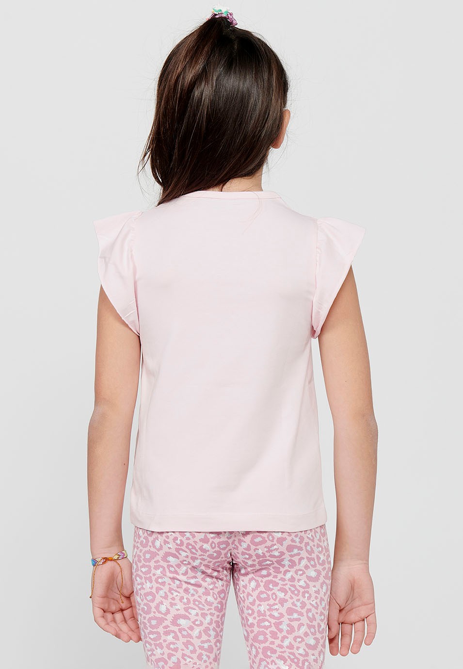 Short Sleeve T-shirt Top with Ruffles and Round Neck with Pink Front Print for Girls 2