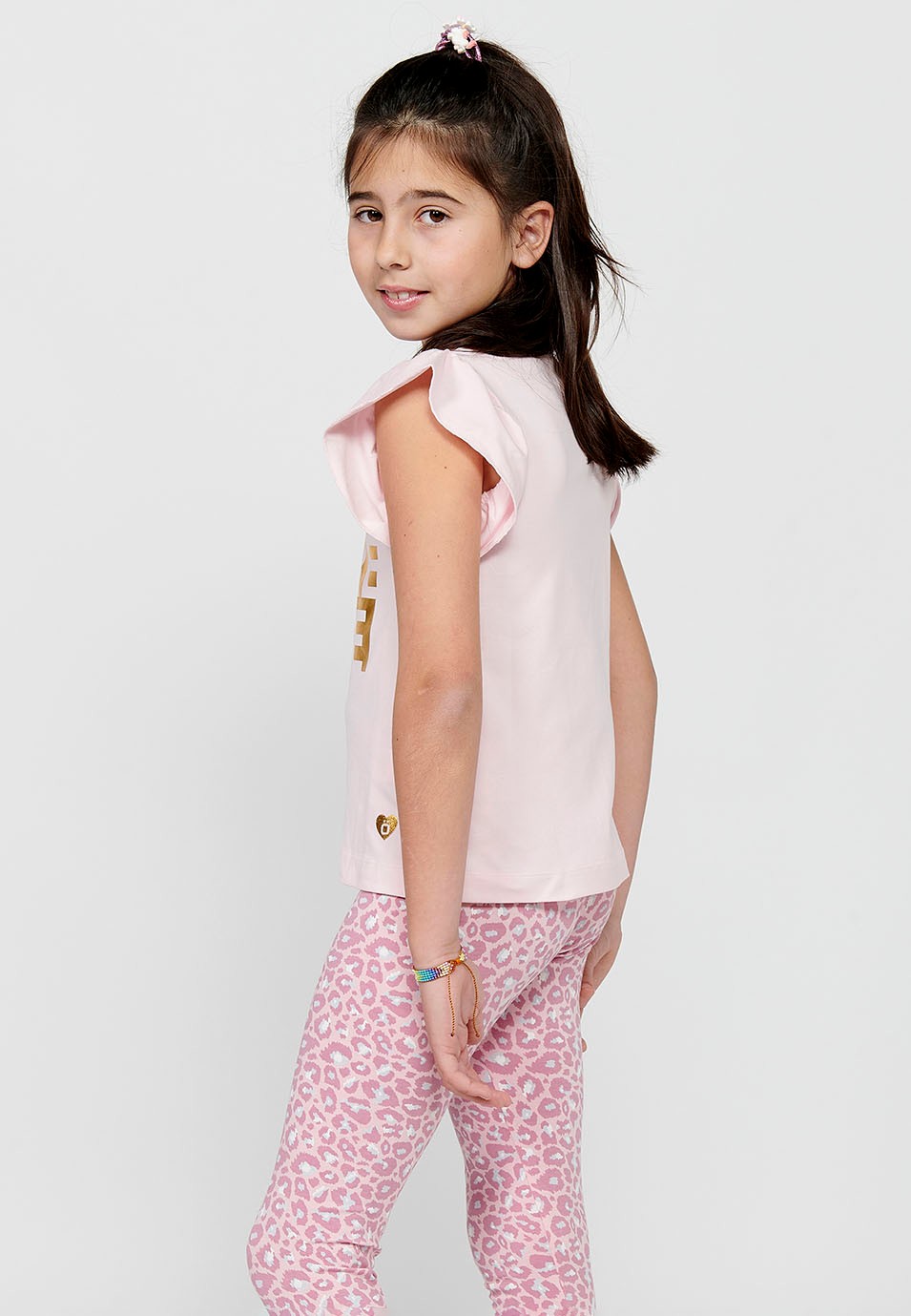 Short Sleeve T-shirt Top with Ruffles and Round Neck with Pink Front Print for Girls 1