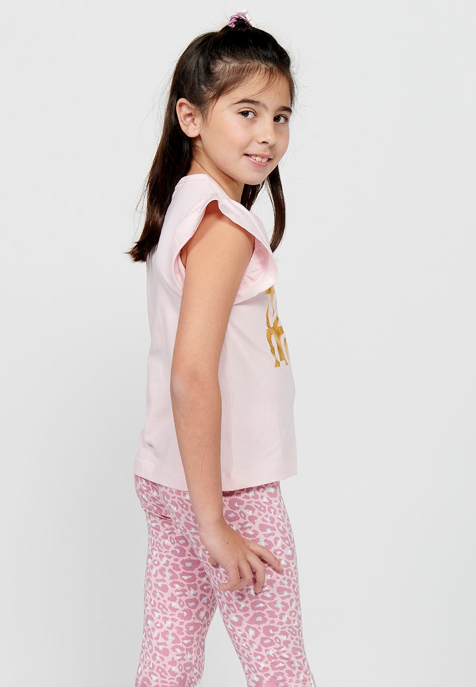 Short Sleeve T-shirt Top with Ruffles and Round Neck with Pink Front Print for Girls 3