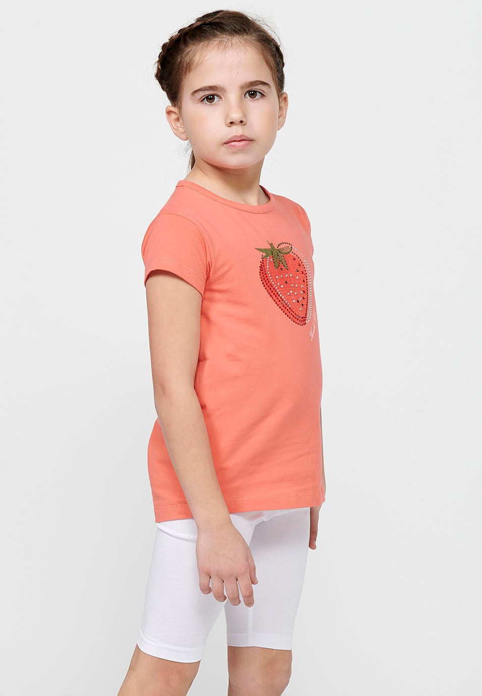 Camiseta de manga corta Top de Cuello redondo con Estampado delantero de Color Coral para Niña 3