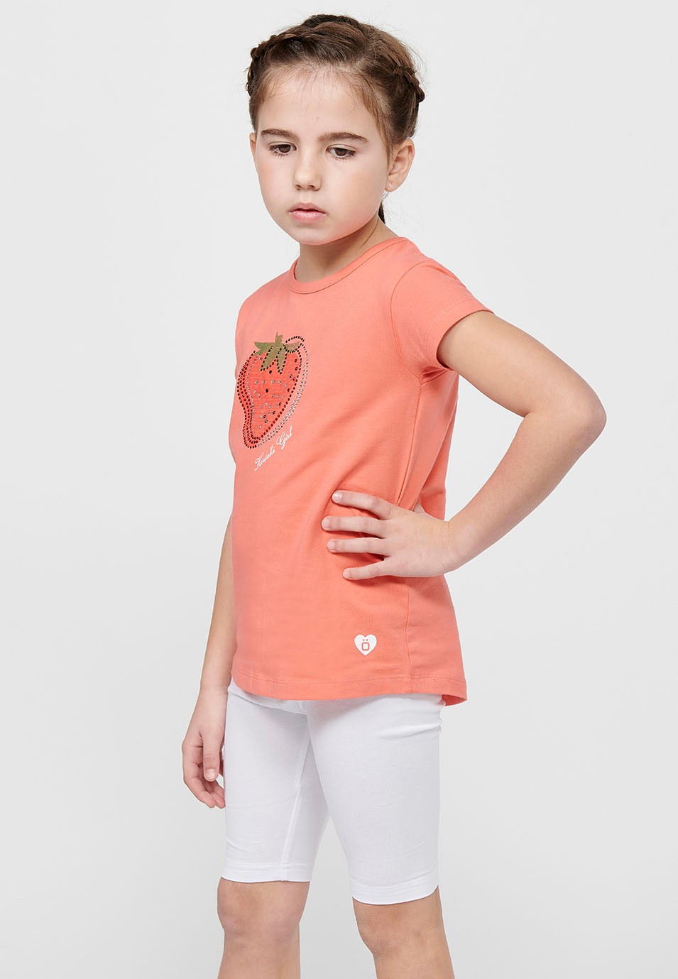 Girl's Coral Color Front Print Round Neck Short Sleeve T-Shirt 2