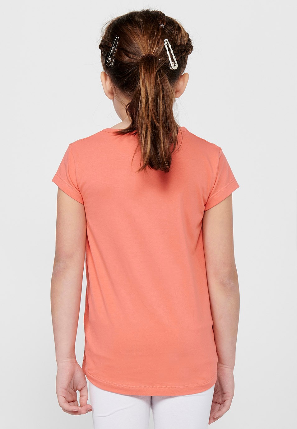 Camiseta de manga corta Top de Cuello redondo con Estampado delantero de Color Coral para Niña 1