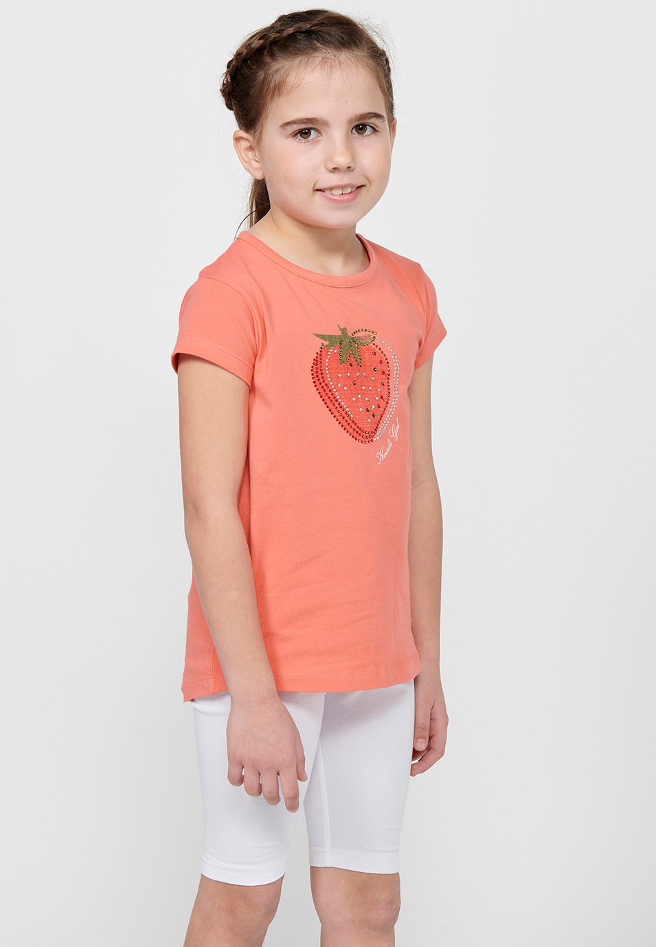 Girl's Coral Color Front Print Round Neck Short Sleeve T-Shirt 4