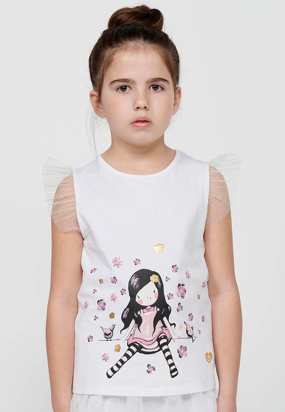 Camiseta de manga corta Top con volantes y Estampado delantero de Color Blanco para Niña